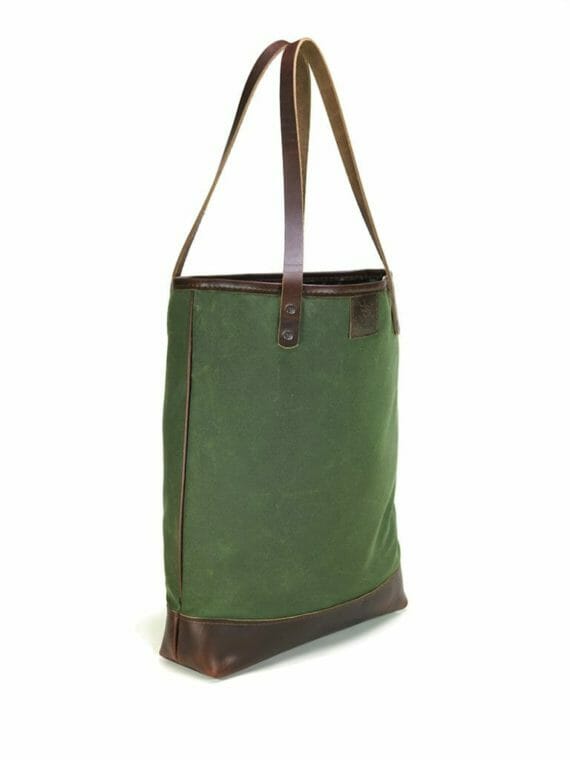 Downtowner Tote Angled View - Olive Green and Havana Brown